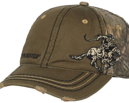 WINCHESTER BALL CAP LOGO HORSE RIDER DISTRESSED OLIVE GREEN